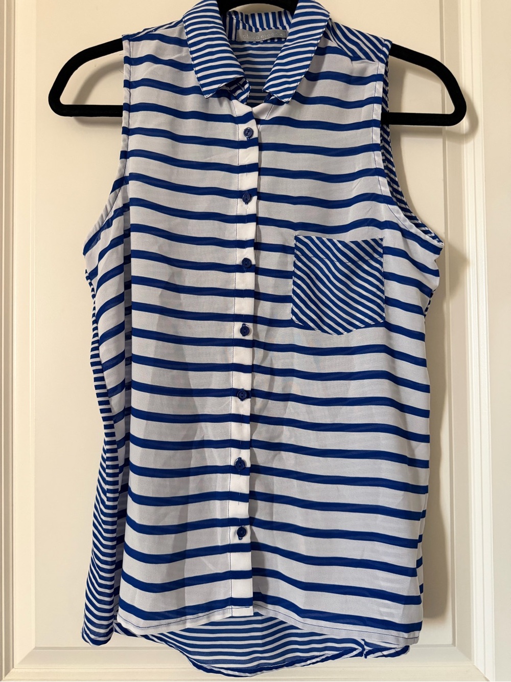 Olivia Moon Blue and White Striped Sleeveless Button-Down Shirt